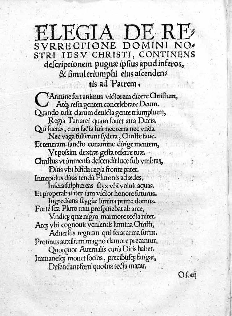 Martyno Gradovskio poemos Elegia de resurrectione Domini nostri Iesu Christi pirmasis puslapis.