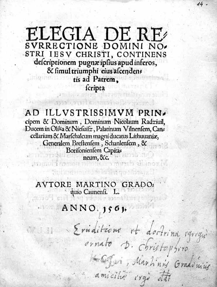 Martyno Gradovskio knygos Elegia de resurrectione Domini nostri Iesu Christi (Frankfurtas prie Oderio, 1561)