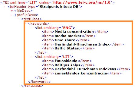 Mokslo ir meno publikacijų metaduomenų rengimo elaba sistemoje metodinė priemonė Reikšminiai žodžiai: /TEI/teiHeader/profileDesc/textClass/keywords/list[@xml:lang= kalbos kodas ].