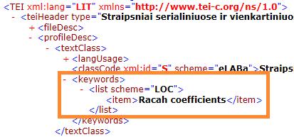 Klasifikatoriai LOC tezauro terminai TEI Header P5: /TEI/teiHeader/profileDesc/textClass/keywords/list[@scheme- = LOC ]/item Pavyzdys: OpenAIRE: nenaudojama MARC 21: 650 Temos