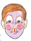 3. Nuo nosies kampučių raudona linija pažymima rausvų skruostų apatinė dalis. Ant kiekvieno skruosto nupiešiama po 3 taškiukus. Teptukas, Laukrom grimas arba akvareliniai kūno dažai (raudona spalva).