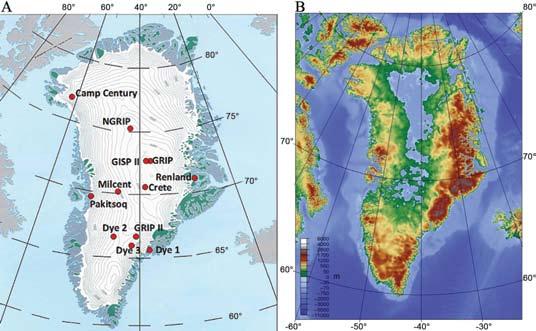 31 Įsigręžusių į ledyninį skydą gręžinių išsidėstymas (A) ir Grenlandijos uolinio paviršiaus aukščių žemėlapis (B). (A iš: https://antarcticarctic.wordpress.