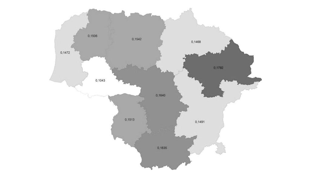 Fig. 2. ROE ratio distribution by the Lithuania Counties Another profitability indicator used for our analysis is ROCE ratio. Fig. 21 shows differences in ROCE across counties.