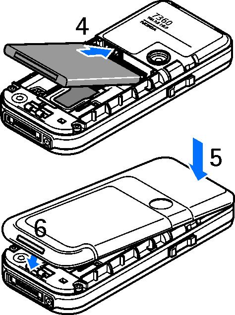 Çdìkite baterij± (4). Patikrinkite, ar teisingai nukreipti baterijos kontaktai. Visada naudokite originalias Nokia baterijas. r. Nokia baterijù atpa¾inimo instrukcija, 124 psl.