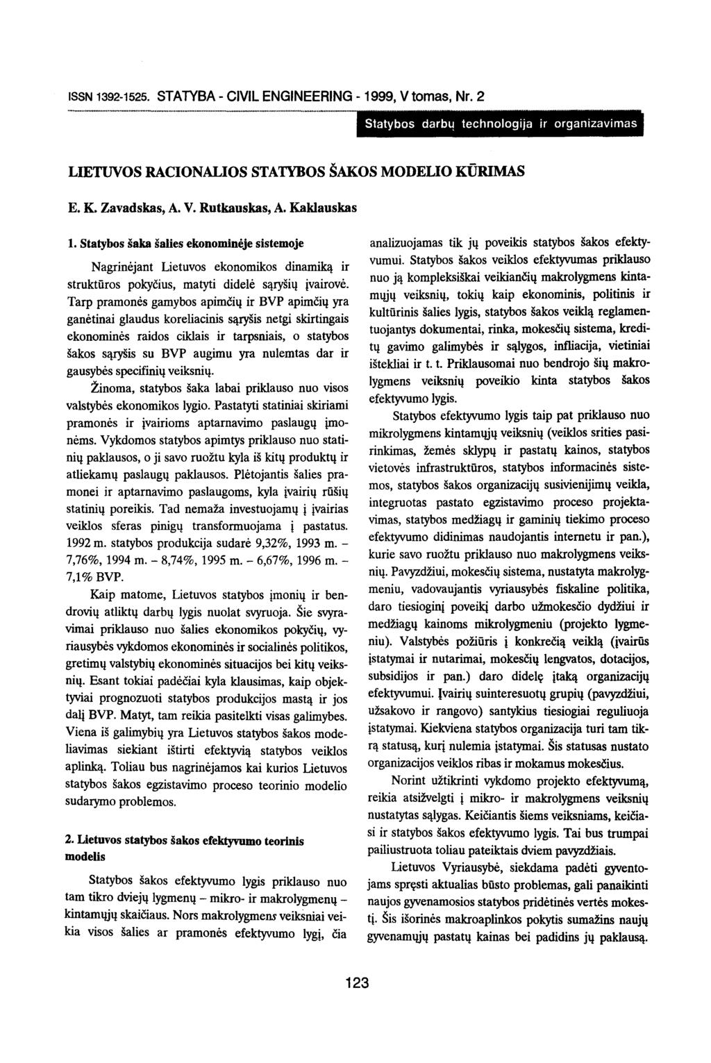 ISSN 1392-1525. STATYBA- CIVIL ENGINEERING- 1999, V tomas, Nr. 2 Statybos darb4 technologija ir organizavimas LIETINOS RACIONALIOS STATYBOS SAKUS MODELIO KURIMAS E. K. Zavadskas, A. V. Rutkauskas, A.
