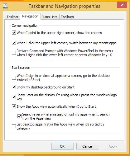 Pradžios ekrano individualizavimas Windows 8.1 taip pat suteikia galimybę individualizuoti pradžios ekraną, tiesiogiai paleidžiant darbalaukio režimą, ir individualizuoti programų išdėstymą ekrane.