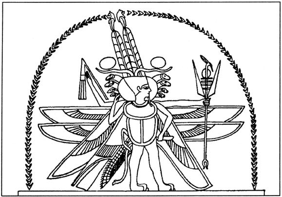 Amonas-Ra su įvairiais simboliniais atributais Ra nužengimas ir jungtis su karaliene, kuri po tokio (šventosios dvasios veikimui analogiško) apvaisinimo pagimdžiusi tris sūnus.
