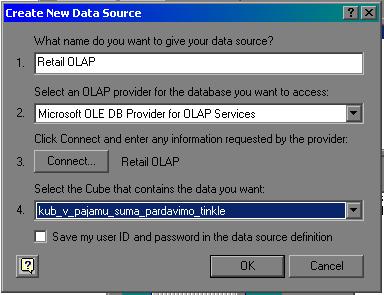 Pasirenkamas pageidaujamas OLAP duomenų kubas.