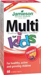 Jamieson Multi Kids, 60 tablečių Tai vitaminų ir mineralų, svarbių vaiko augimui, kompleksas. Sudėtyje yra ne tik vitaminų, bet ir mineralų: kalcio, vario, jodo, geležies.
