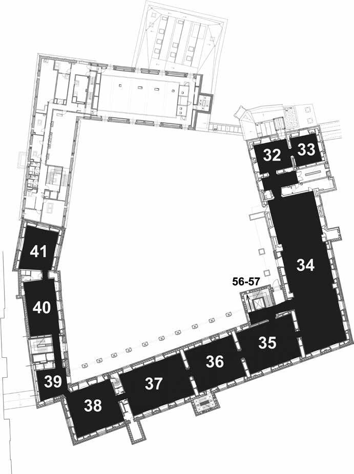 Trečias aukštas III maršrutas. Rūmų muzikinio gyvenimo ir buities ekspozicija su daugiafunkce sale 44. Vestibiulis rūmų virtuvės vietoje su buities ekspozicija 45.