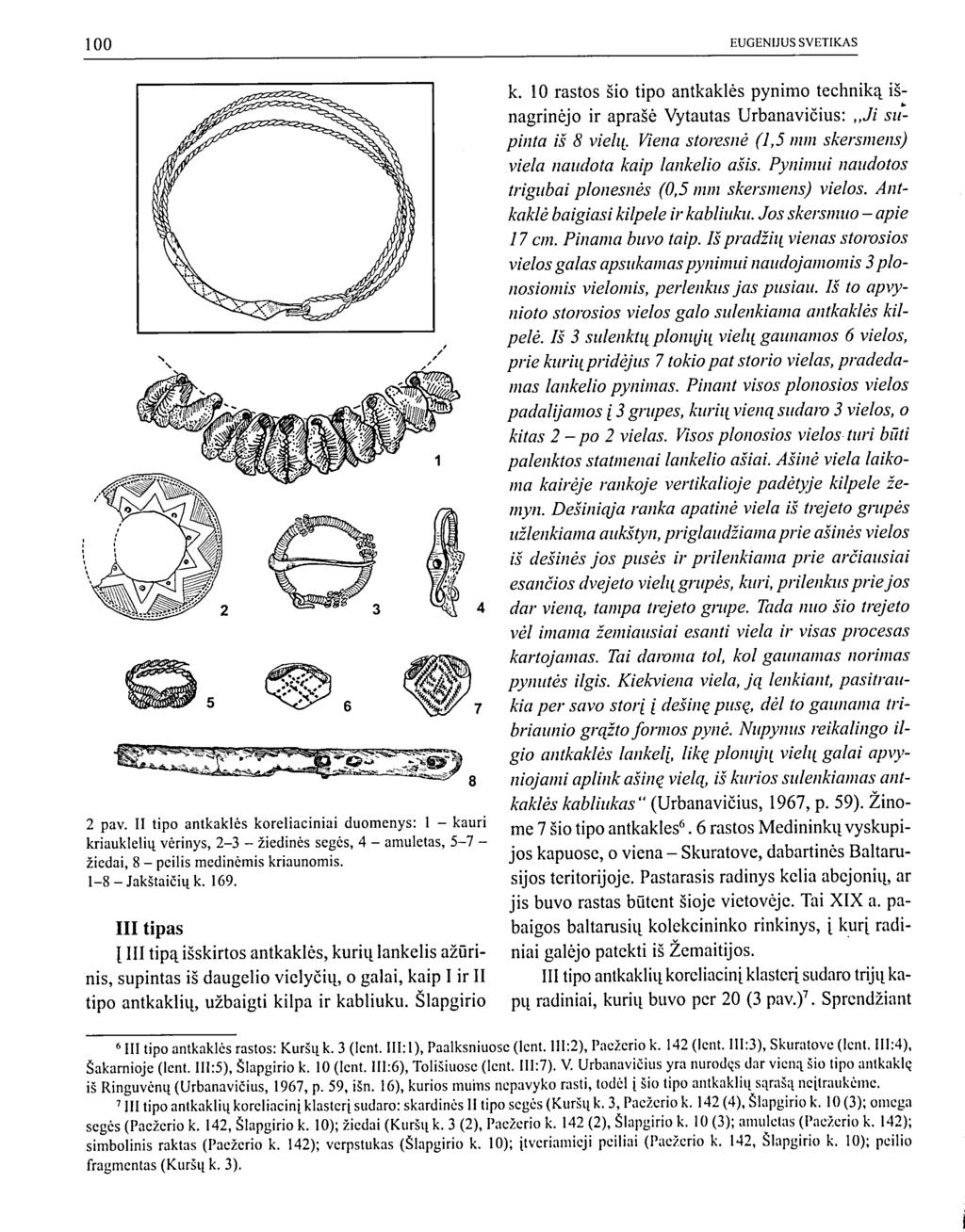 2 pav. II tipo antkaklės koreliaciniai duomenys: 1 - kauri kriauklelių vėrinys, 2-3 - žiedinės segės, 4 - amuletas, 5-7 - žiedai, 8 - peilis medinėmis kriaunomis. 1-8 - Jakštaičių k. 169.