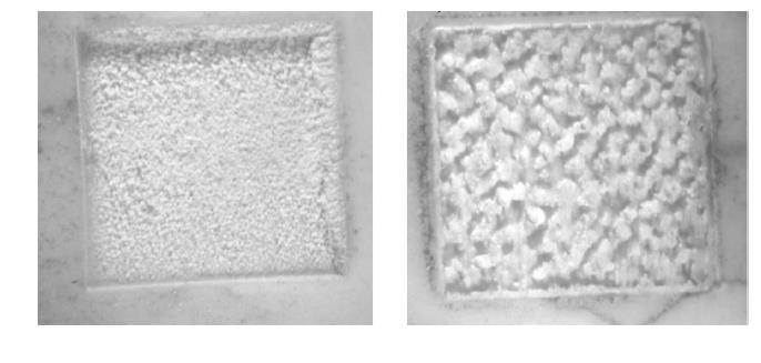 20 pav. 25 mm/s skenavimo greičiu apdirbtos aliuminio oksido keramikos paviršiai: a) f = 80 khz, P smailinė = 7,6 kw, b) f = 30kHz, P smailinė = 20 kw [38].
