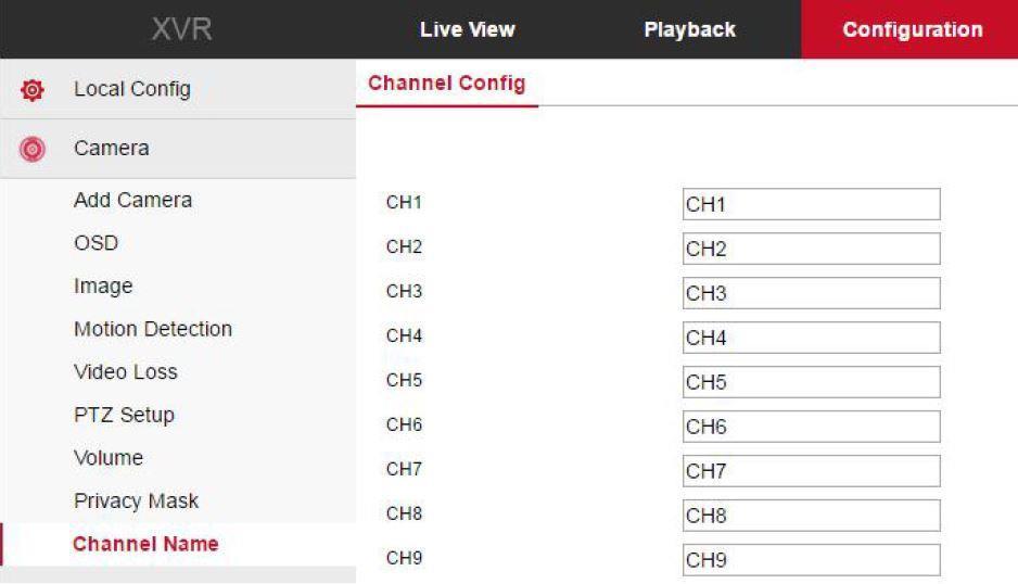 6.4.2.9 Kanalų pavadinimai Pagrindiniame lange pasirinkite Configuration Camera Channel Name ir pateksite į kanalų pavadinimų nustatymų langą. Čia galite nustatyti kanalų pavadinimus.