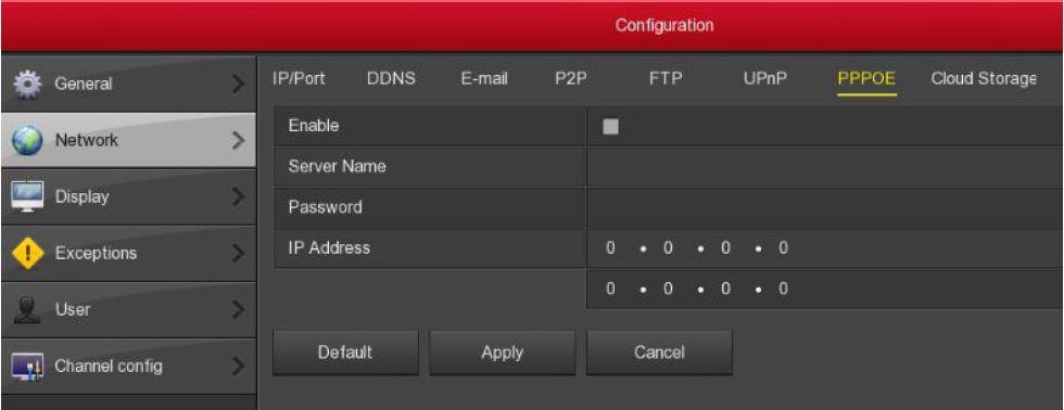 Pasirinkite Menu Configuration Network PPPOE ir atsidarys PPPOE nustatymų langas. Ši funkcija daugiausiai naudojama su ADSL paslaugomis. Enable įgalina šią funkciją.