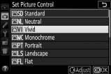 Picture Control režimų modifikavimas Esami iš anksto nustatyti ir pasirinktiniai Picture Control (0 161) režimai gali būti modifikuojami pagal sceną arba naudotojo kūrybinį sumanymą.