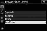 A Manage Picture Control (valdyti Picture Control) > Delete (trinti) Kai nebereikia pasirinktinių Picture Control režimų, jiems ištrinti galima naudoti meniu Manage Picture Control (valdyti Picture