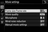 1 Pasirinkite Movie settings (filmo nustatymai). Fotografavimo meniu pažymėkite Movie settings (filmo nustatymai) ir spauskite 2. 2 Nurodykite filmo parinktis.