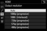 Išvedamo vaizdo raiškos pasirinkimas Kad pasirinktumėte vaizdo išvedimo į HDMI įrenginį formatą, fotoaparato sąrankos meniu nurodykite HDMI > Output resolution (išvedamo vaizdo raiška) (0 258).