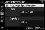 Copyright information (informacija apie autorių teises) Mygtukas G B sąrankos meniu Pridėkite informacijos apie autorių teises prie naujai daromų nuotraukų.