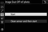 Image Dust Off Ref Photo (nuotraukos dulkių šalinimo atskaitos nuotrauka) Surinkite atskaitos duomenis, kuriuos naudos programos Capture NX-D nuotraukos dulkių šalinimo funkcija (daugiau informacijos
