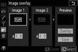 Image Overlay (nuotraukos perdengimas) Mygtukas G N retušavimo meniu Nuotraukos perdengimo metu suderinamos dvi esamos NEF (RAW) nuotraukos, sukuriant vieną nuotrauką, kuri įrašoma atskirai nuo