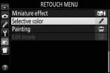 Selective Color (atrankinė spalva) Mygtukas G N retušavimo meniu Sukurkite kopiją, kurioje spalvoti būna tik parinkti atspalviai. 1 Pasirinkite Selective color (atrankinė spalva).
