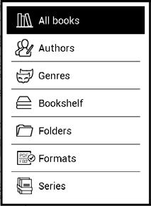 Authors (Autoriai); Genres (Žanrai); Bookshelf (Knygų lentyna) sukurkite savo lentyną su knygomis pagal savo interesus ir pageidavimus;