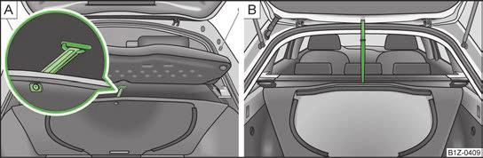 Ant bagažinės dugno dangos yra kilpa arba kabliukas (Combi). Norint, pvz., patekti prie atsarginio rato, pakelta dugno danga gali būti pritvirtinta prie kabliuko ant bagažinės uždangalo» pav.