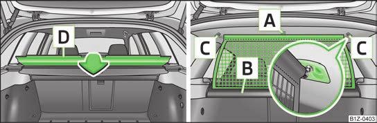 Pasukdami fiksavimo kilpas A» pav. 58 maždaug 90 kampu į kairę, atrakinkite kintamą bagažinės dugną. Sulankstykite bagažinės dugną judesiu rodyklės kryptimi ir jį išimkite.