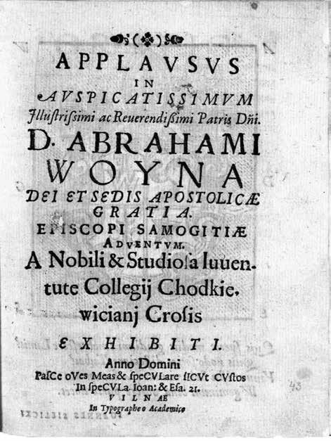 2 pav. Kūrinio Applausus (1627), skirto Abraomui Vainai, antraštinis lapas kūrinio nematė, nes nurodė jį paminėjus tik Mykolą Biržišką 25.