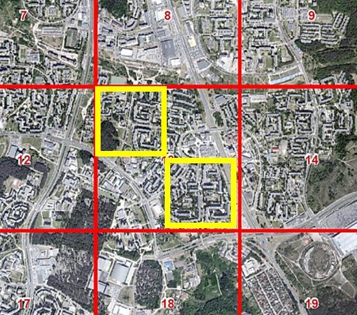 The area of research: a) northern territory of the city of Vilnius as covered with 1 square. km spatial grid; b) example of division to sub-grids (500 500 m). Source: V.