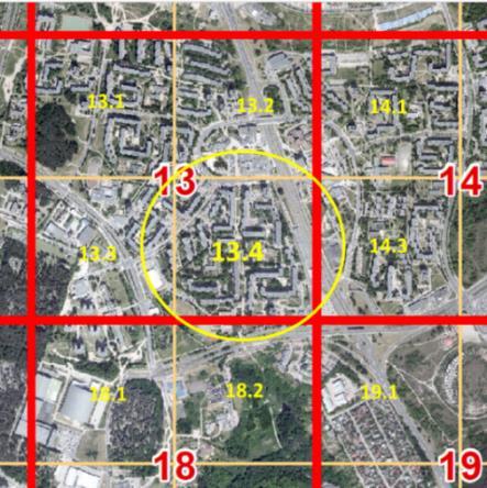 3. KRAŠTOVAIZDŽIO ARCHITEKTŪROS IR URBANISTIKOS SPRENDINIŲ 127 a) b) 3.4 pav. Teritorijos analizė: a) teritorijos analizės lauko metodinio išplėtimo pavyzdys b) 13.