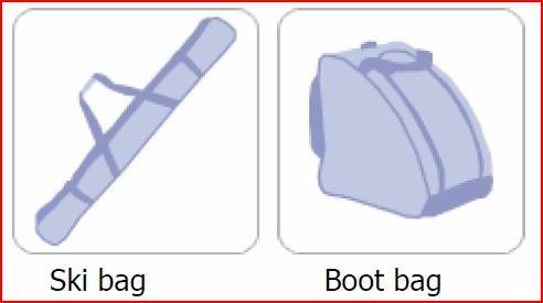 (Viename krepšyje negali būti daugiau nei 1 pora tos pačios įrangos) 15 kg Slidžių krepšys Avalynės krepšys Banglentė, jėgos aitvaro įranga, irklentė 1 banglentė.