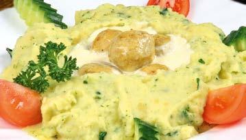 baltas padažas Magpie s nest Poultry balls, vegetables, spinach mashed potatoes, white