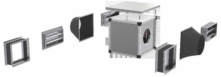 Ventiliatorių montavimo ir priedų naudojimo schemos Ventiliatoriai kvadratiniams ortakiams (MUB, KDRE, KDRD)