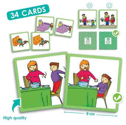 Žaidimo metu vaikai aptars skirtingų situacijų korteles - kaip jaučiasi kiekvienas iš pavaizduotų veikėjų jose. Tinka ir spec. poreikių vaikams.