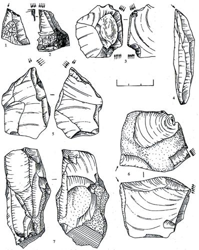 112 Akmens amžiaus Svidrų kultūros titnago dirbiniai iš stovyklavietės Kabeliai-2 (apatinis kultūrinis C sluoksnis): 1 6 rėžtukai, 7 dvigalis skaldytinis (piešė G.