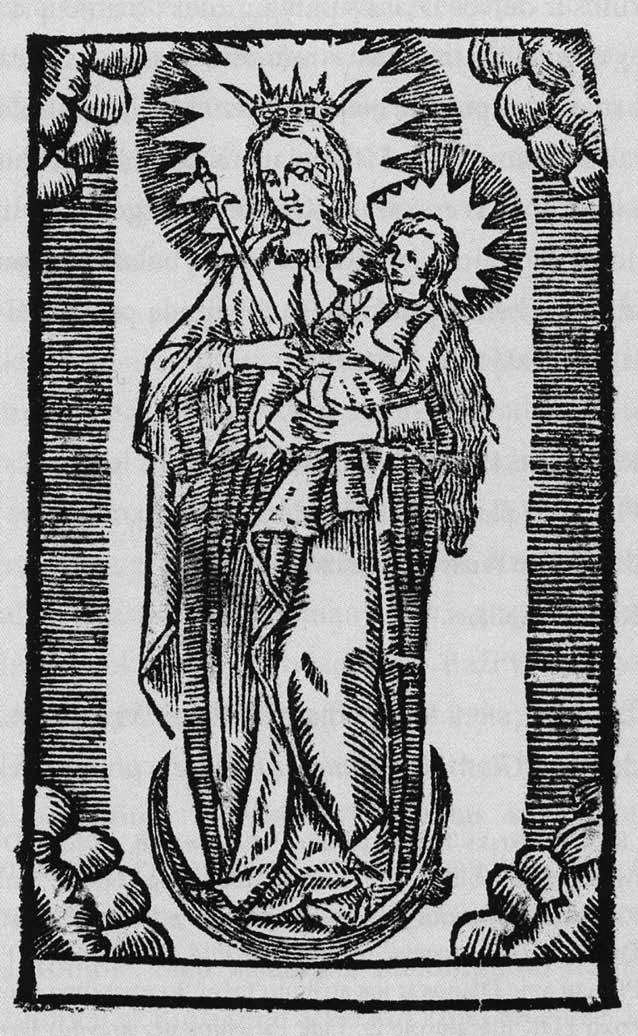 2. Nekaltojo Prasidėjimo Švč. Mergelė Marija, medžio raižinys, iš Simono Mankevičiaus parengtos Trakų Dievo Motinos stebuklų knygos Kościoł farski trocki.