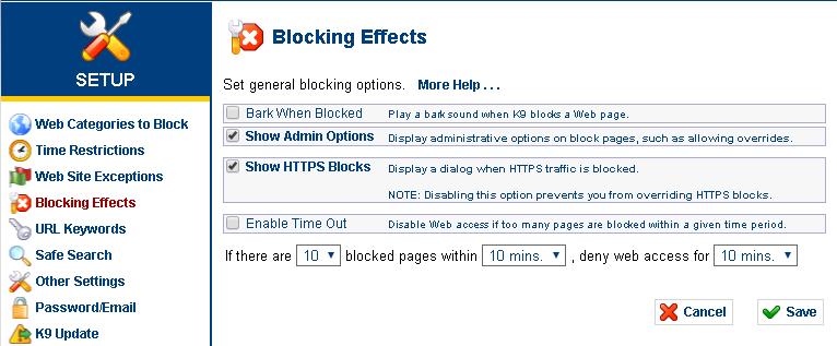 Skiltyje Blocking Effects galima konfigūruoti perspėjimo funkciją, kuri automatiškai aktyvuojama tada, kai vartotojas bando atverti draudžiamą puslapį. Galimi keturi konfigūracijos būdai.