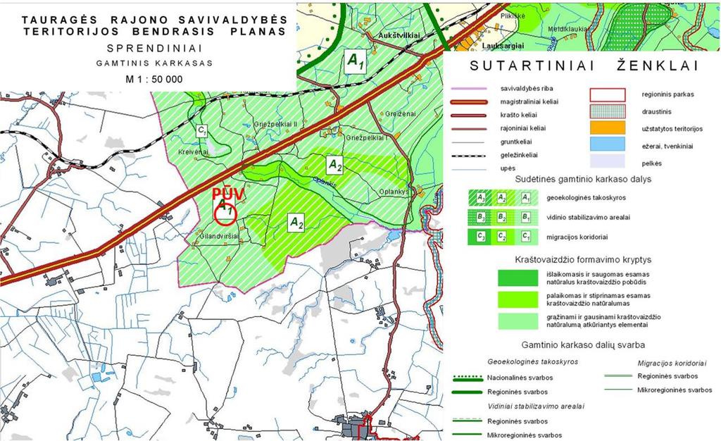 4 pav. PŪV vieta gamtinio karkaso atžvilgiu (ištrauka iš Tauragės rajono savivaldybės teritorijos bendrojo plano sprendinių gamtinio karkaso žemėlapio) 5 pav.