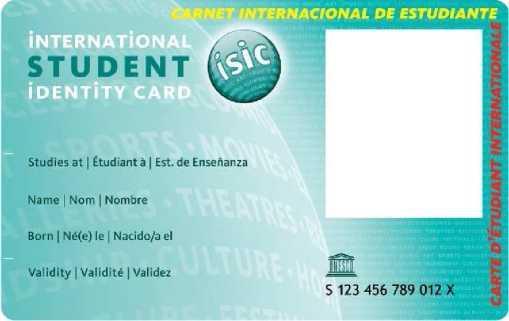Viršuje turi būti užrašas anglų kalba INTERNATIONAL STUDENT IDENTITY CARD.