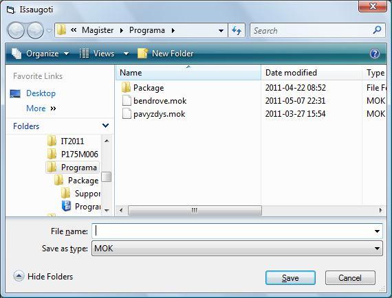 27 pav. Failo išsaugojimo dialogo langas Įvedus failo pavadinimą (ar pasirinkus jau egzistuojantį failą), parametrai išsaugomi į šį failą.
