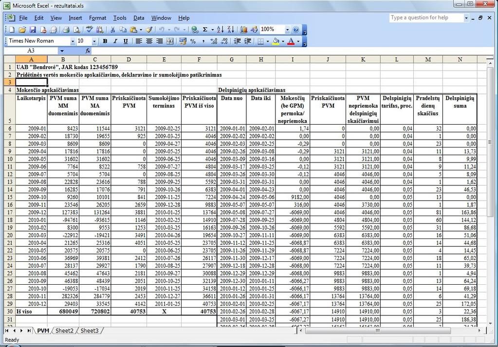 53 pav. Mokesčio ir delspinigių skaičiavimų rezultatų lentelės bendras vaizdas 4.
