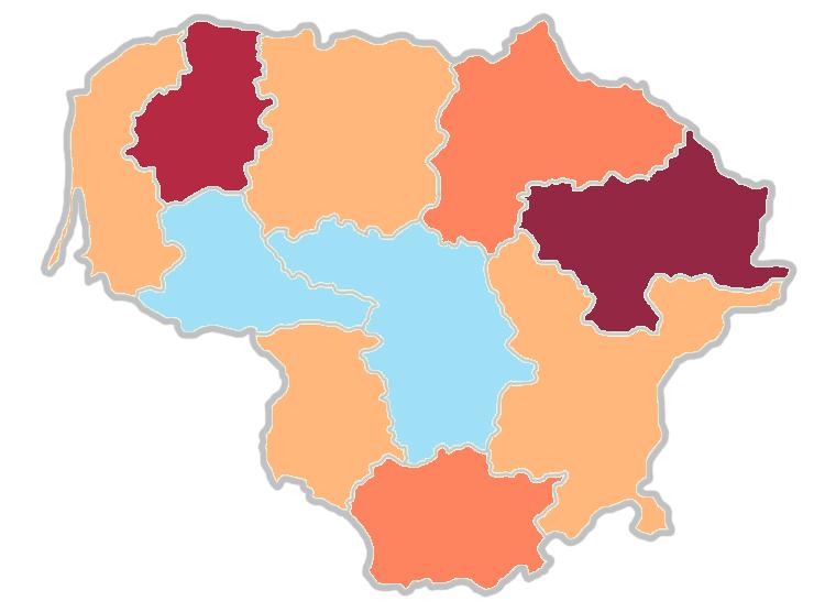 BVP vienam gyventojui pasikeitimas Lietuvos apskrityse, palyginti su šalies vidurkiu, 2004 201 m.