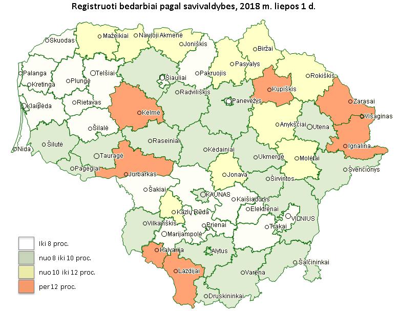 Regioniniai skirtumai Teritoriniai nedarbo skirtumai išlieka ryškus Bedarbių dalis nuo darbingo amžiaus gyventojų, palyginti su 2017 m. liepos 1 d.