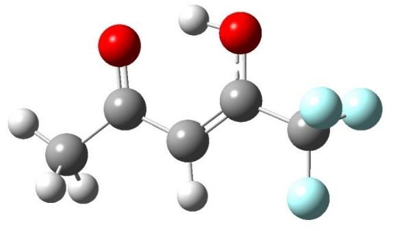 Pagal apskaičiuotas molekulės energijas nustatoma, kad stabilesnė molekulė susidaro CF3 esant C=O grupės pusėje.