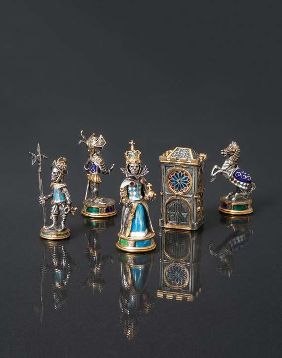 3,3 cm; h 8,5 cm, 4,0 cm; h 9,5 cm, 4,0 cm Chess pieces Dead Queen, Pawn, Rook, Knight, Bishop 2017, enamel, silver, gilding, brass,