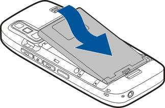 SIM kortelė, baterija, įkrovimas, atminties kortelė Surinkimas ir susipažinimas su jūsų Nokia E75. 2. Jei baterija įdėta, išimkite ją keldami rodykle pažymėta kryptimi. 3. Įdėkite SIM kortelę.