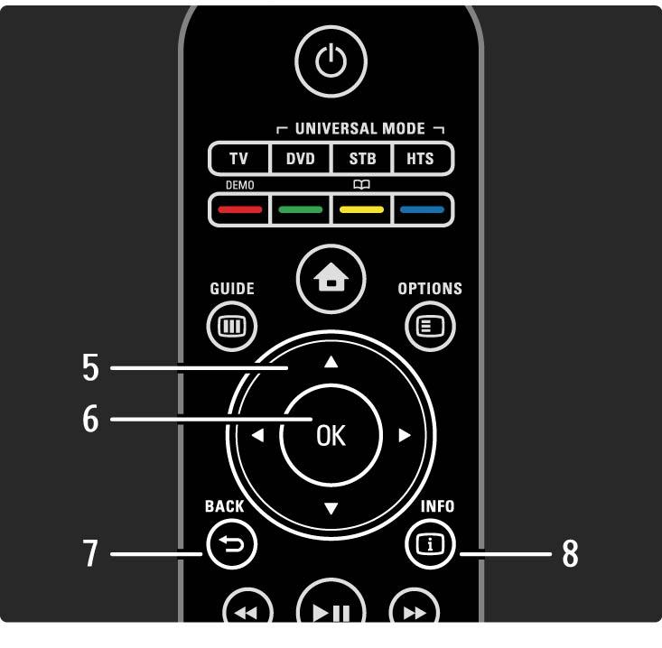 2.1.1 Nuotolinio valdymo pulto apžvalga 5 Naršymo mygtukas Naršymui aukštyn, žemyn, į kairę ir į dešinę. 6 Mygtukas OK Atidaro arba uždaro kanalų apžvalgą. Suaktyvina parinktį.