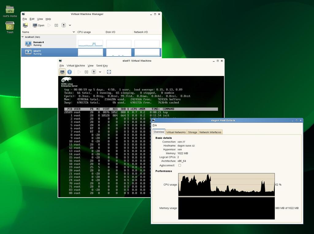 Pagrindinė virtuali mašina Domain0 rodo veikiančią SUSE Linux operacinę sistemą. Dvi virtualios mašinos parodytos viduryje veikia, kaip paravirtualizuotos operacinės sistemos.